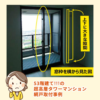 特注網戸施工例「超高層タワーマンションの窓内側に網戸を付けてほしい」