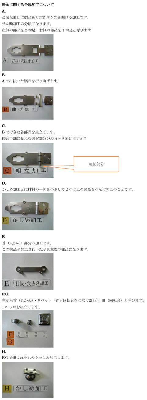 掛金に関する属加工ついて
A.必要な形状に製品を打抜きネジ穴開ける加工です。
必要な形状に製品を打抜きネジ穴開ける加工です。
せん断加工の分類になります。
左側 の部品 を 2本足 右側 の部品 を 1本足と呼びます。
B.Aで打抜いた製品を折り曲げます。
C.Bできた各部品を組立てます。
接合下部に見える突起分がおかり頂けますか？
D.かしめ加工とは材料の一部をつぶて2つ以上の部品をなぐ加工ことです。
E.首（丸かん）部分の加工です。
この部分が加工され下記写真左端の部品になります。
F.G.左から首（丸かん）・リベット（首と回転台をつなぐ部品）・皿（回転台）と呼びます。この３点を組み立てます。
H.F.G.で組まれたものをかしめ加工します。