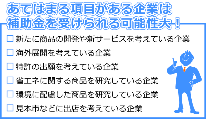 あてはまる項目がある企業は補助金を受けられる可能性大！
□新たに商品の開発や新サービスを考えている企業
□海外展開を考えている企業
□特許の出願を考えている企業
□省エネに関する商品を研究している企業
□環境に配慮した商品を研究している企業
□見本市などに出店を考えている企業